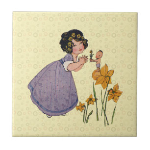 Girl Elf Fairy Daffodil Antique Easter Ceramic Tile