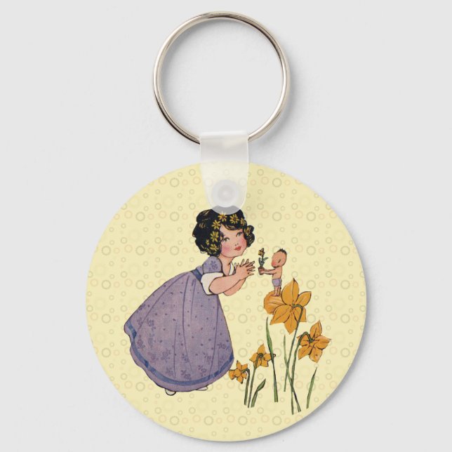 Girl Elf Fairy Daffodil Antique Easter Keychain (Front)