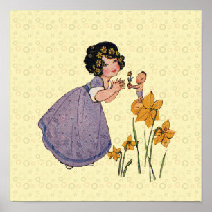 Girl Elf Fairy Daffodil Antique Easter Poster
