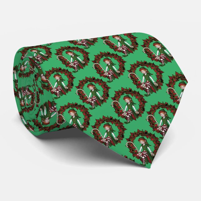Girl Elf On Poinsettia Wreath Christmas Holiday    Neck Tie (Rolled)