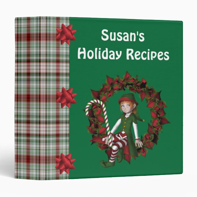 Girl Elf On Wreath Christmas Holiday Recipe 3 Ring Binder (Front/Spine)