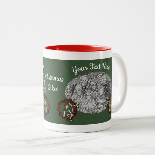 Girl Elf On Wreath Holiday Personalized Photo  Two-Tone Coffee Mug (Front Right)