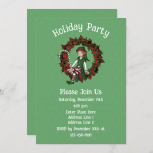 Girl Elf Poinsettia Wreath Christmas Holiday Invitation