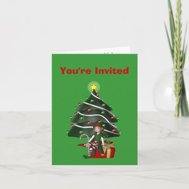 Girl Elf Tree Christmas Holiday Party Invitation (Front)