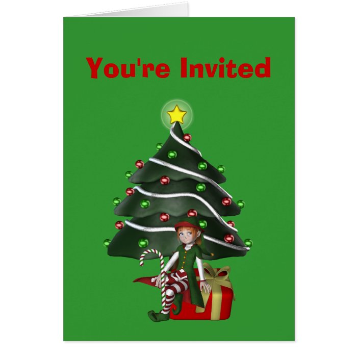 Girl Elf Tree Christmas Holiday Party Invitation Card
