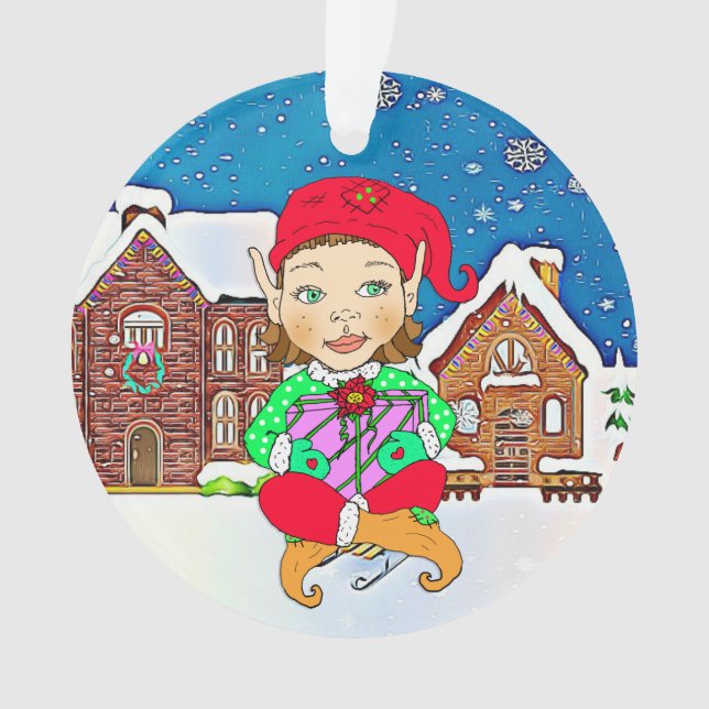 Girl Elf Whimsical Personalized  Christmas Ornament (Front)