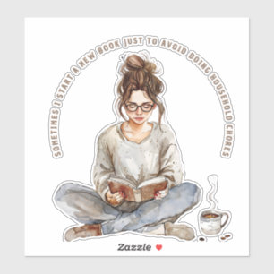 Girl Enjoying a Book with Coffee, Avoiding  Sticker