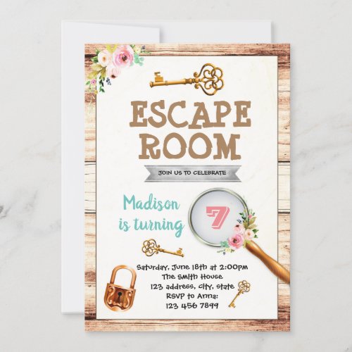 Girl escape room party invitation