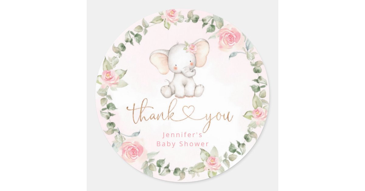 Girl eucalyptus pink elephant baby shower classic round sticker | Zazzle