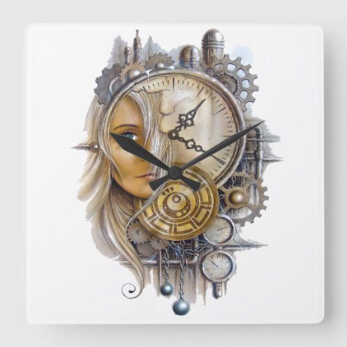 Girl Face Cogwheel Chain Iron Ball Hall Decor Square Wall Clock