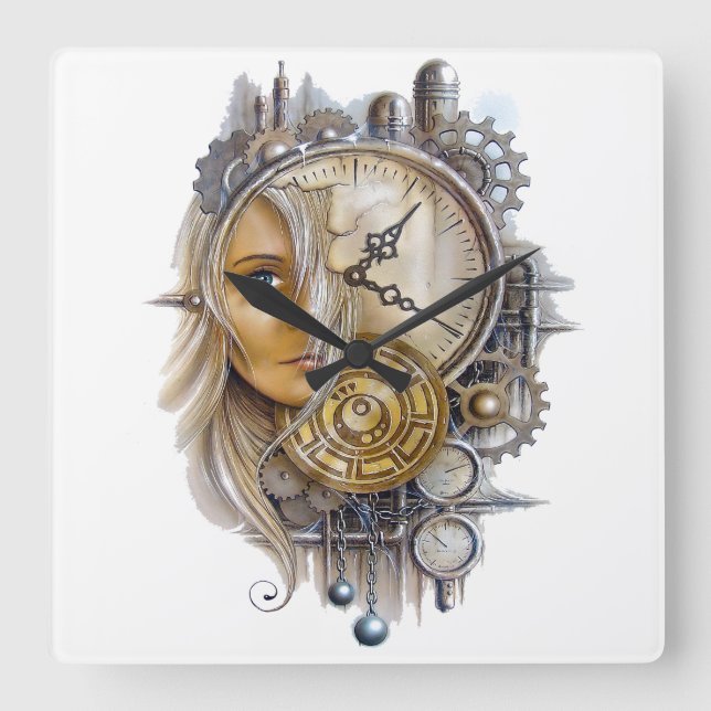 Girl Face Cogwheel Chain Iron Ball Hall Decor Square Wall Clock (Front)