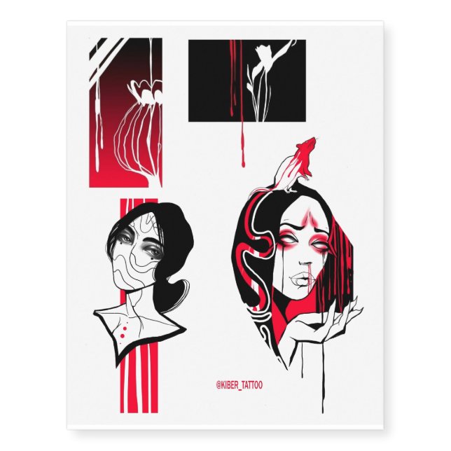 Girl Face, Mouse, flowers Temporary Tattoos (Front)