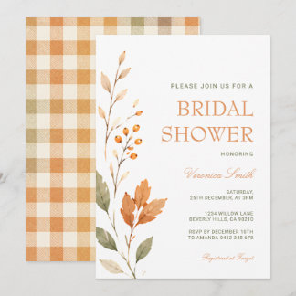 Girl Fall Bridal Shower Gingham Floral Terracotta Invitation