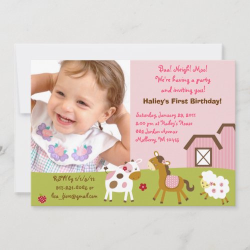 Girl Farm Animal Custom Photo Birthday Invitations