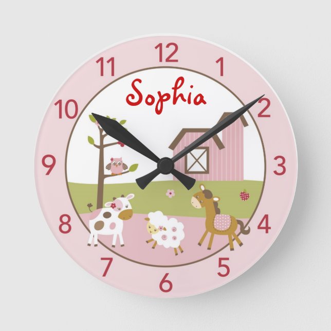 Girl Farm Animal Personalized Nursery Wall Clock (Front)