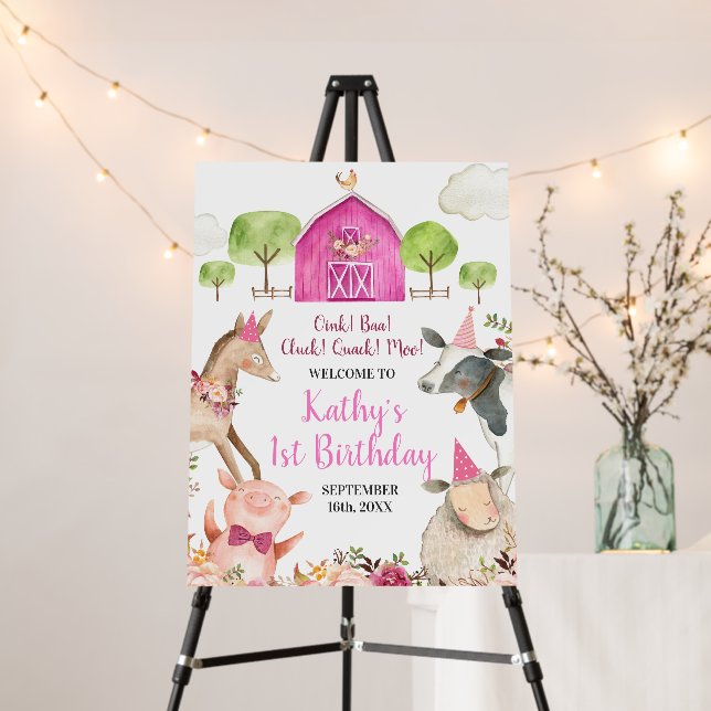 Girl Farm Animals Barnyard 1st Birthday Welcome Foam Board (In Situ (Stand))