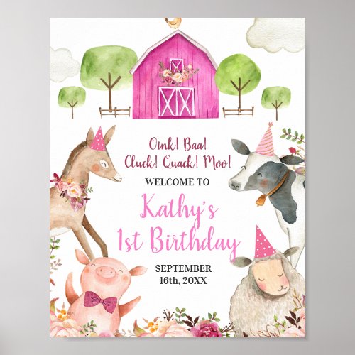 Girl Farm Animals Barnyard 1st Birthday Welcome Poster