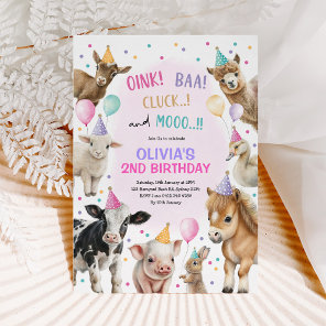 Girl Farm Animals Barnyard Balloon Birthday Party  Invitation