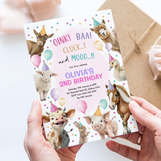 Girl Farm Animals Barnyard Balloon Birthday Party  Invitation (Creator Uploaded)