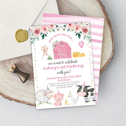 Girl Farm Animals Barnyard Birthday Invitation