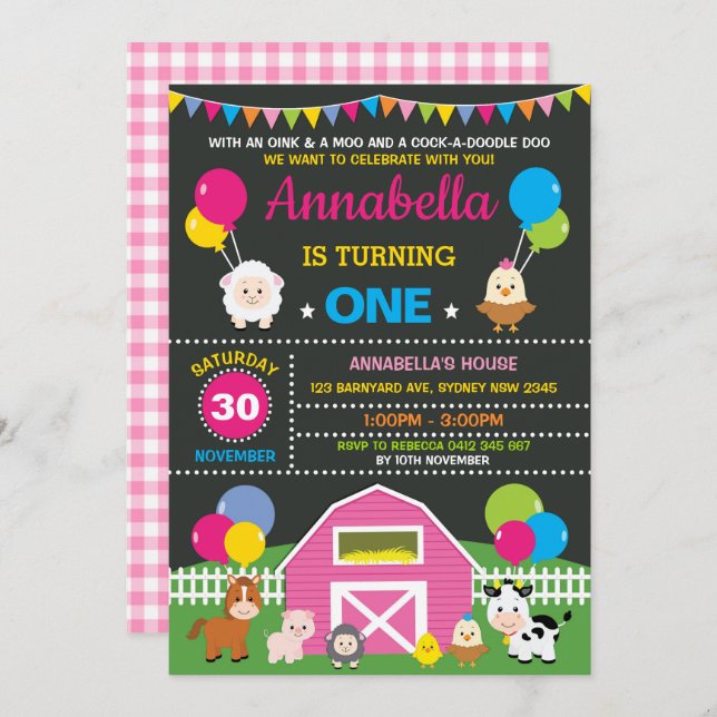 Girl Farm Barnyard Animals Pink Birthday Party Invitation (Front/Back)