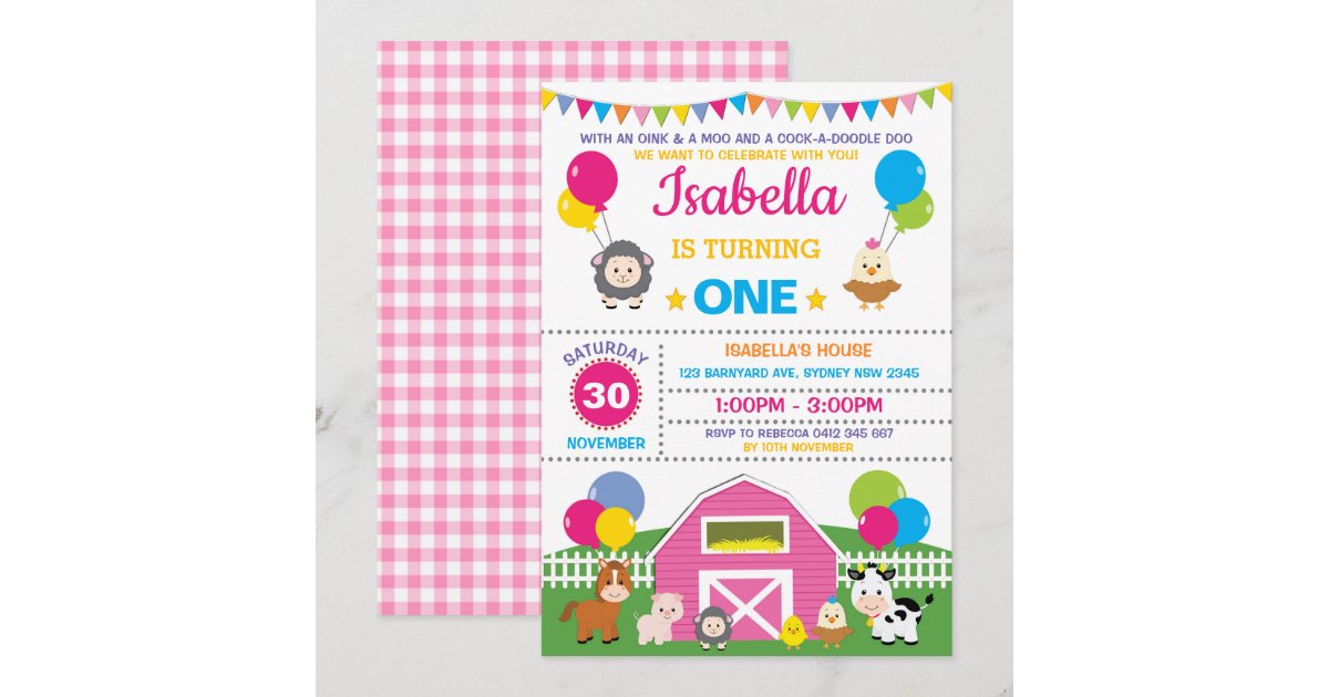 Girl Farm Barnyard Birthday Party Pink Petting Zoo Invitation | Zazzle