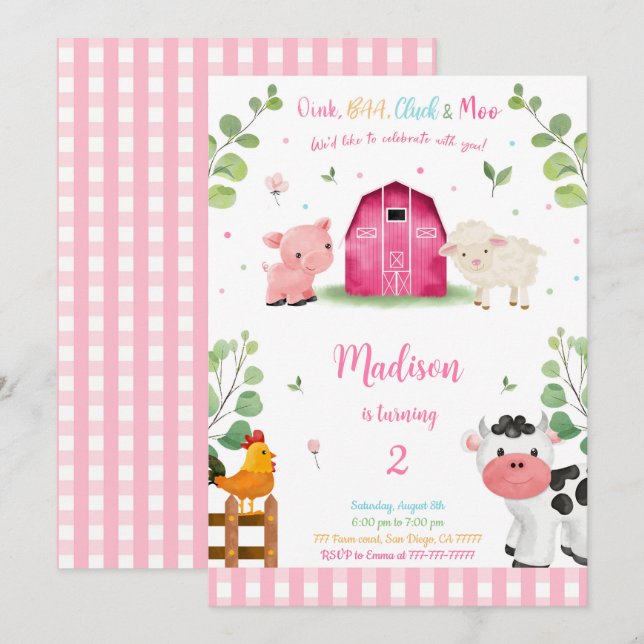 Girl Farm Birthday Invitation (Front/Back)