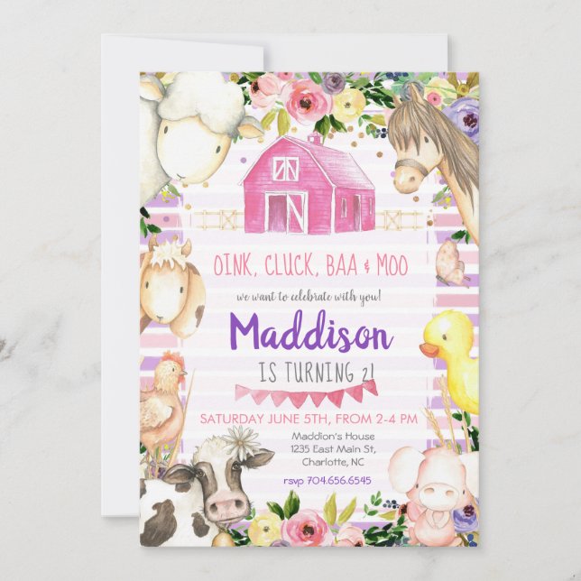 Girl Farm Birthday Invitation pink and purple (Front)