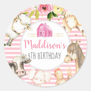 Girl Farm Birthday Stickers, Farm Favors Classic Round Sticker