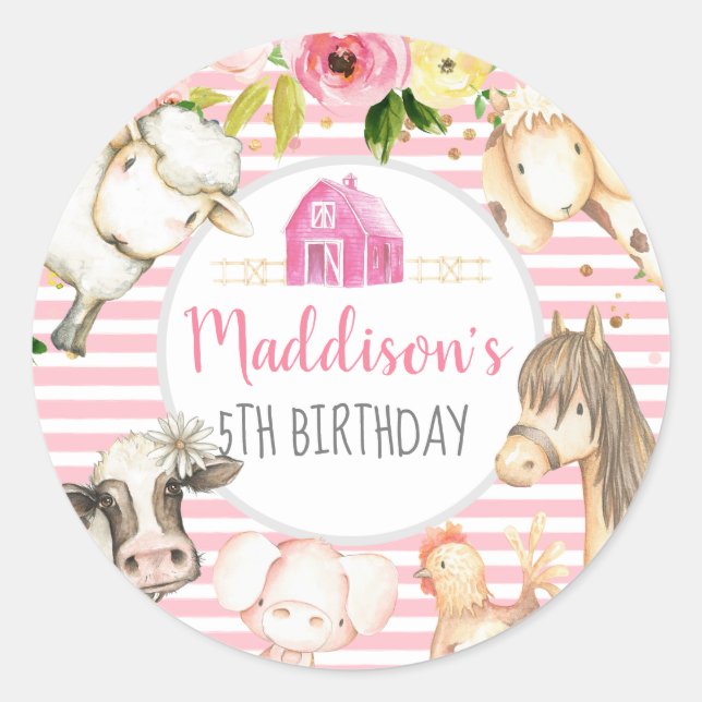 Girl Farm Birthday Stickers, Farm Favors Classic Round Sticker (Front)