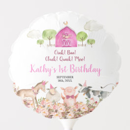 Girl Farm House Animals Barnyard 1st Birthday Balloon