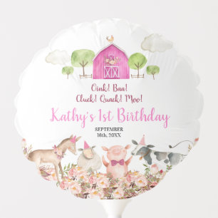 Girl Farm House Animals Barnyard 1st Birthday Balloon