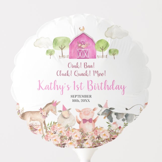 Girl Farm House Animals Barnyard 1st Birthday Balloon (Front)