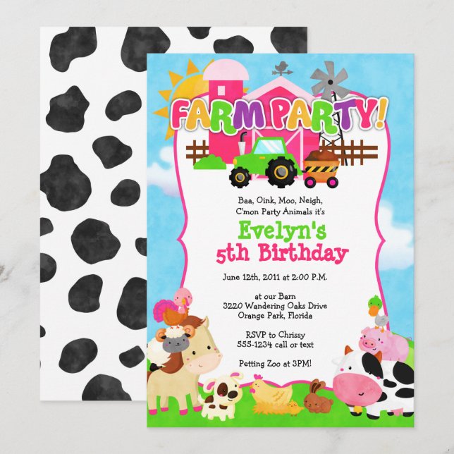 Girl Farm Invitation - Farm Birthday for Girls (Front/Back)
