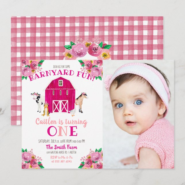 Girl Farm Pink Barnyard Birthday Bash Cow Horse Invitation (Front/Back)