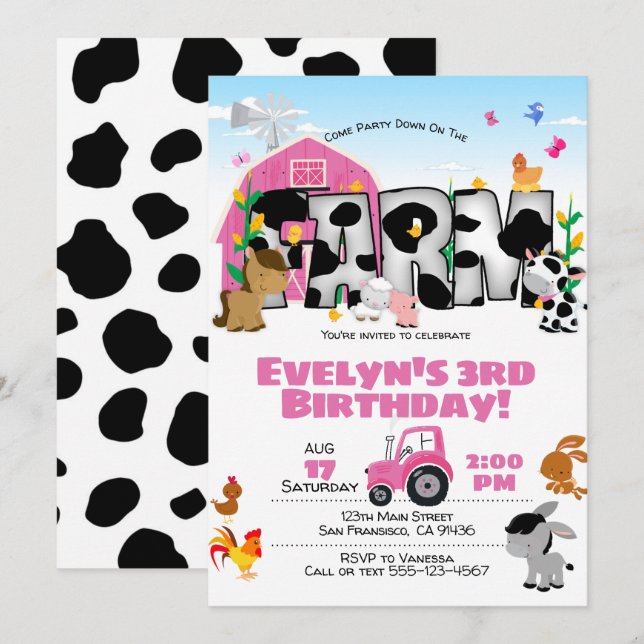 Girl Farm Themed Birthday Party Invitation (Front/Back)
