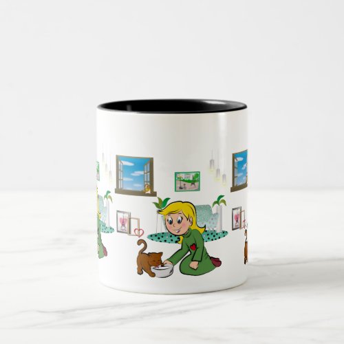 Girl Feeding Cat  Two_Tone Coffee Mug