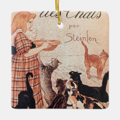 Girl Feeding Cats Vintage Steinlen Poster Ceramic Ornament