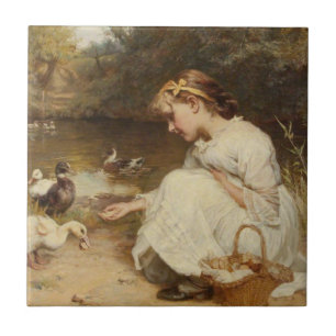 Girl Feeding Ducks (by Frederick Morgan) Ceramic Tile