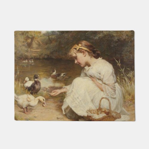 Girl Feeding Ducks by Frederick Morgan Doormat