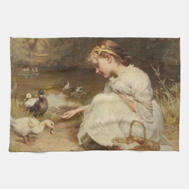 Girl Feeding Ducks (by Frederick Morgan) Kitchen Towel (Horizontal)