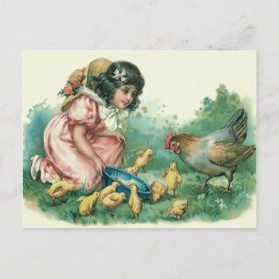 Girl Feeding Easter Chick Hen Holiday Postcard