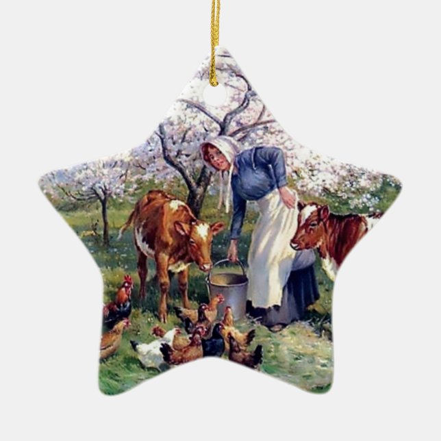 Girl Feeding Farm Animals Painting Ceramic Ornament (Front)