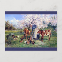 Girl Feeding Farm Animals Painting Postcard