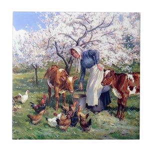 Girl Feeding Farm Animals Painting Tile