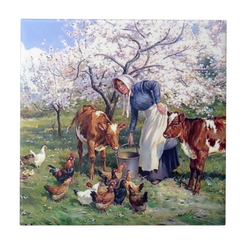 Girl Feeding Farm Animals Painting Tile