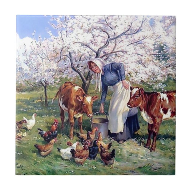 Girl Feeding Farm Animals Painting Tile (Front)