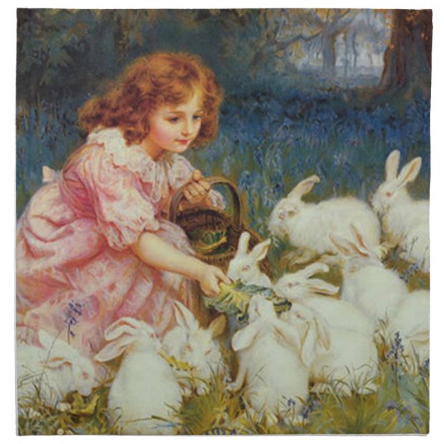 Girl feeding rabbites cloth napkin (Front)