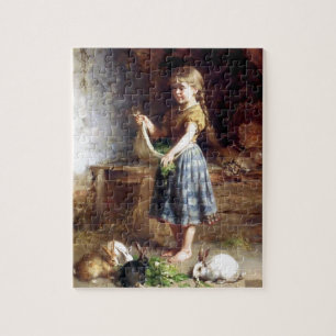 Girl feeding Rabbits Bunnies painting Jigsaw Puzzle