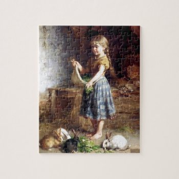 Girl Feeding Rabbits Bunnies Painting Jigsaw Puzzle by EDDESIGNS at Zazzle